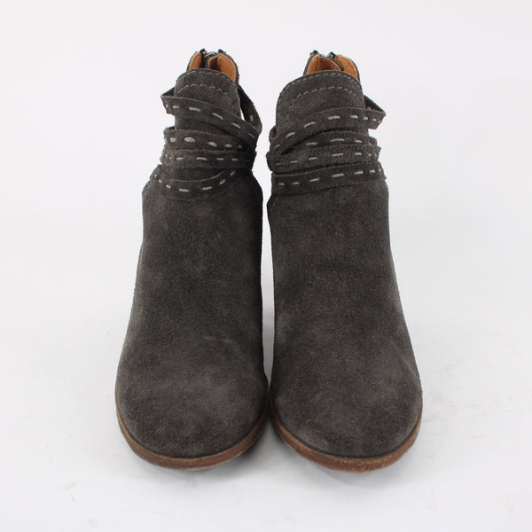Frye Sz 6.5 Dark Gray Suede Faux Wrap Bohemian Side Cut 2.5' Heel Booties