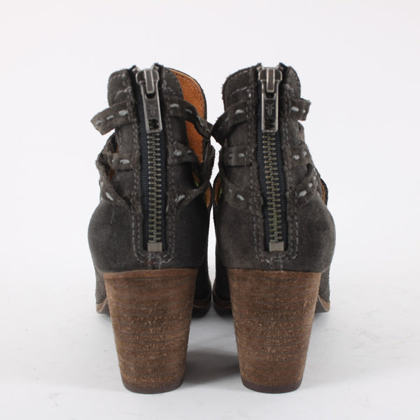 Frye Sz 6.5 Dark Gray Suede Faux Wrap Bohemian Side Cut 2.5' Heel Booties