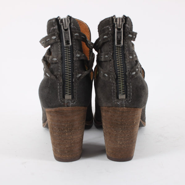 Frye Sz 6.5 Dark Gray Suede Faux Wrap Bohemian Side Cut 2.5' Heel Booties