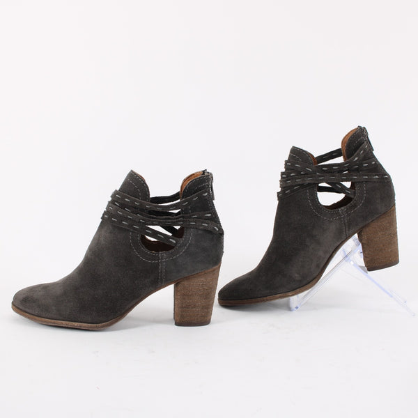 Frye Sz 6.5 Dark Gray Suede Faux Wrap Bohemian Side Cut 2.5' Heel Booties