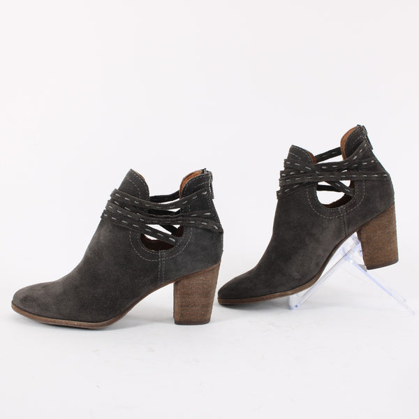 Frye Sz 6.5 Dark Gray Suede Faux Wrap Bohemian Side Cut 2.5' Heel Booties