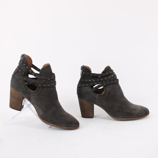 Frye Sz 6.5 Dark Gray Suede Faux Wrap Bohemian Side Cut 2.5' Heel Booties