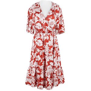 Rebecca Minkoff Sz XS Red White Floral V Neck 100% Polyester Wrap Midi Dress