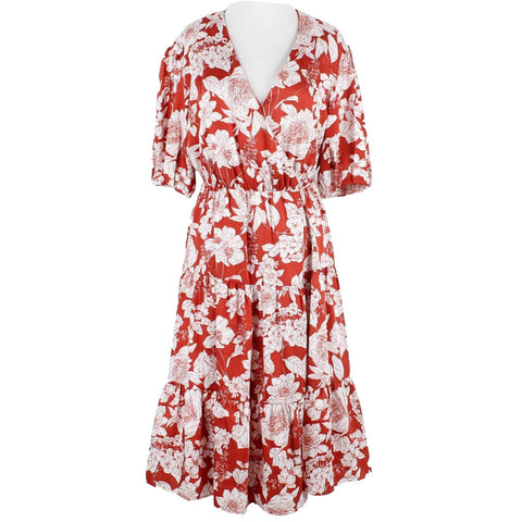 Rebecca Minkoff Sz XS Red White Floral V Neck 100% Polyester Wrap Midi Dress