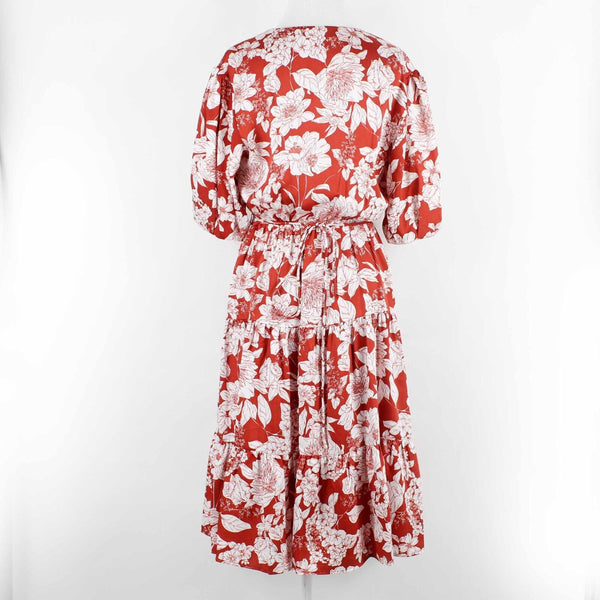 Rebecca Minkoff Sz XS Red White Floral V Neck 100% Polyester Wrap Midi Dress