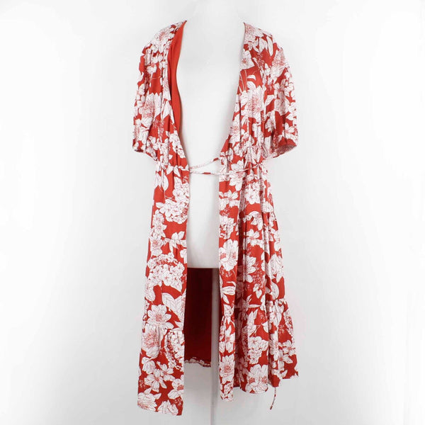 Rebecca Minkoff Sz XS Red White Floral V Neck 100% Polyester Wrap Midi Dress