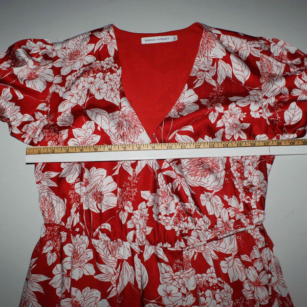 Rebecca Minkoff Sz XS Red White Floral V Neck 100% Polyester Wrap Midi Dress