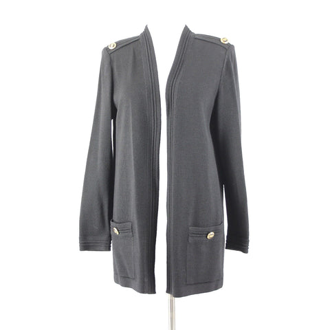 St John Basic Sz S Black Gold Hardware Wool Santana Knit Wrap Cardigan Sweater