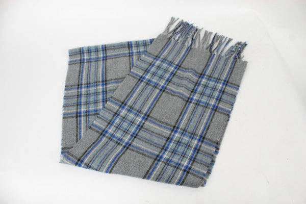 Cashmaire 11 x 32 + 7 Fringe Gray Blue Multi Plaid 100% Acrylic Scarf