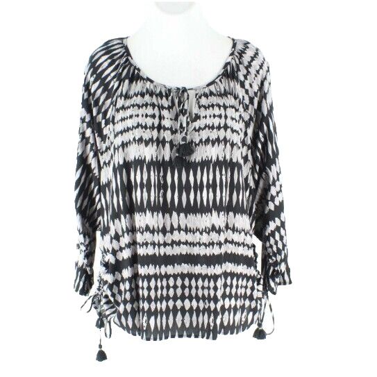 Lovestitch Sz SM Gray Black Diamond Print Ruched Side Crinkle Rayon Boho Top