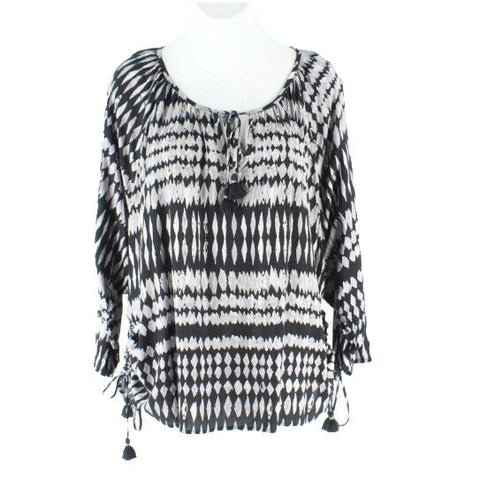 Lovestitch Sz SM Gray Black Diamond Print Ruched Side Crinkle Rayon Boho Top