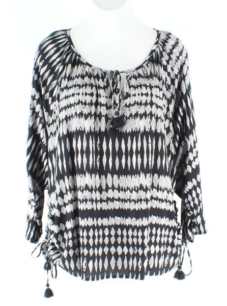 Lovestitch Sz SM Gray Black Diamond Print Ruched Side Crinkle Rayon Boho Top
