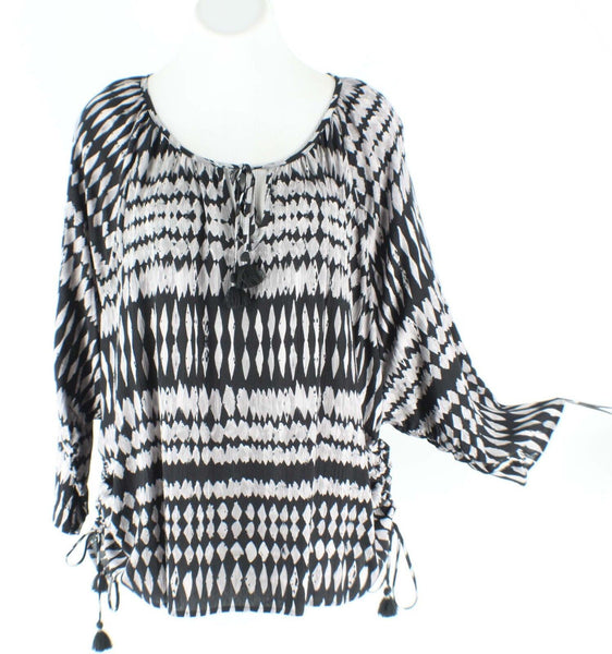 Lovestitch Sz SM Gray Black Diamond Print Ruched Side Crinkle Rayon Boho Top