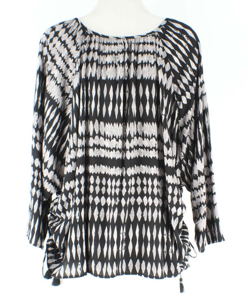 Lovestitch Sz SM Gray Black Diamond Print Ruched Side Crinkle Rayon Boho Top