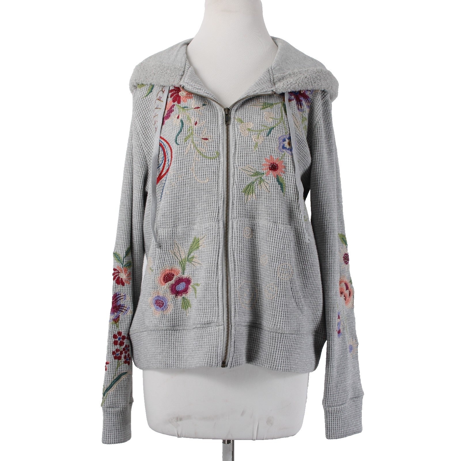 Johnny Was Jacket Sz M Gray Multi Color Metallic Embroidered Hooded Rayon Jacket