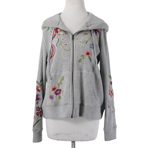 Johnny Was Jacket Sz M Gray Multi Color Metallic Embroidered Hooded Rayon Jacket