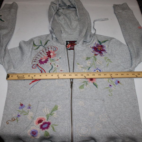 Johnny Was Jacket Sz M Gray Multi Color Metallic Embroidered Hooded Rayon Jacket