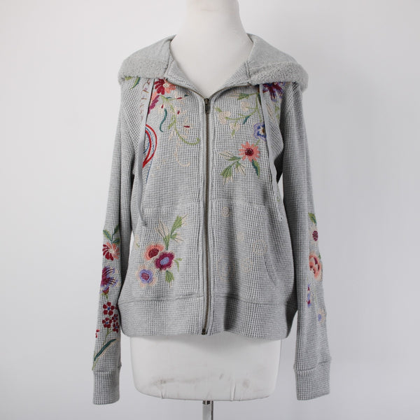 Johnny Was Jacket Sz M Gray Multi Color Metallic Embroidered Hooded Rayon Jacket