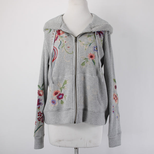Johnny Was Jacket Sz M Gray Multi Color Metallic Embroidered Hooded Rayon Jacket