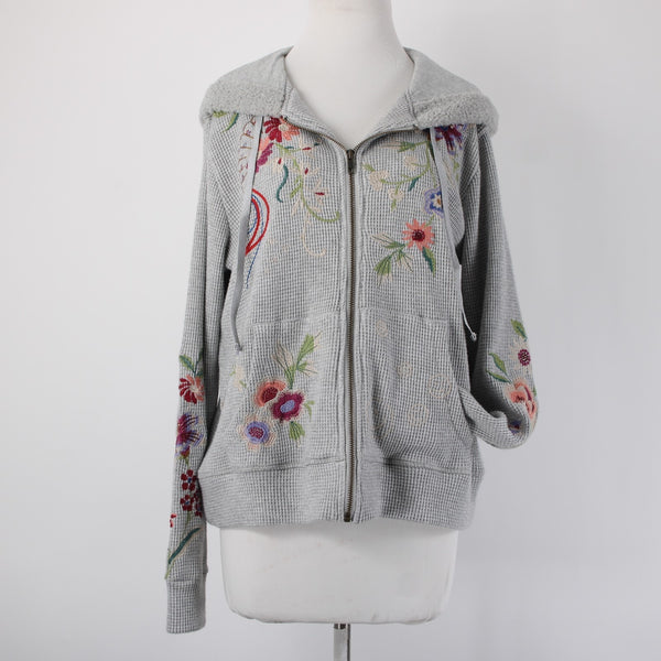 Johnny Was Jacket Sz M Gray Multi Color Metallic Embroidered Hooded Rayon Jacket