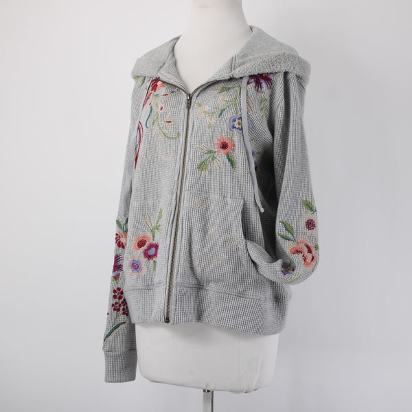 Johnny Was Jacket Sz M Gray Multi Color Metallic Embroidered Hooded Rayon Jacket