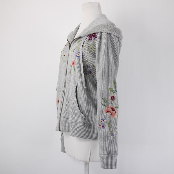 Johnny Was Jacket Sz M Gray Multi Color Metallic Embroidered Hooded Rayon Jacket