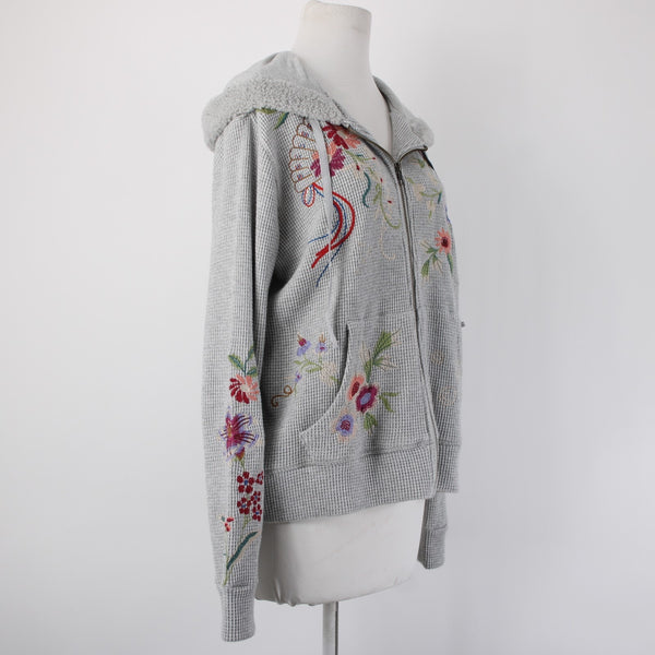 Johnny Was Jacket Sz M Gray Multi Color Metallic Embroidered Hooded Rayon Jacket