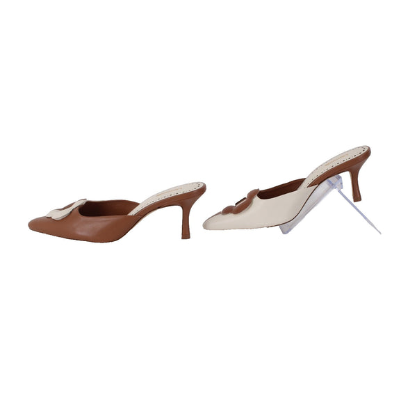 Larroude Heels NEW Sz 7.5 Brown White Floral Slip On Leather 2.5" Heels