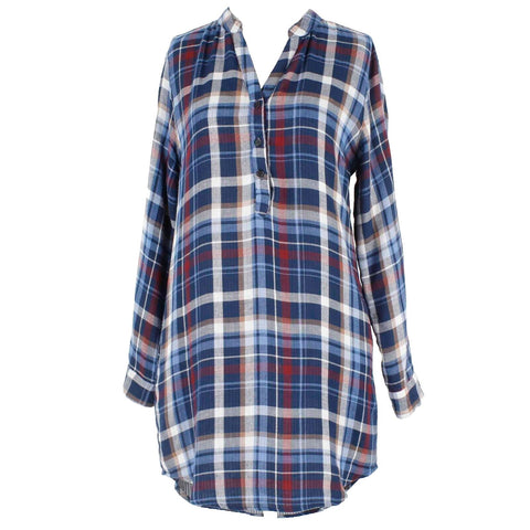 Alya Sz S Navy Blue Multi Plaid Hi Lo Roll Tab Sleeves Cotton Shirt Dress
