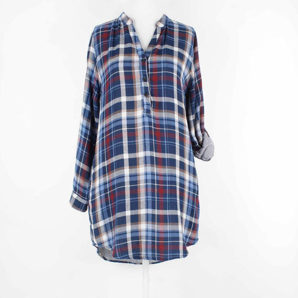 Alya Sz S Navy Blue Multi Plaid Hi Lo Roll Tab Sleeves Cotton Shirt Dress
