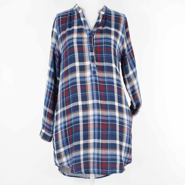Alya Sz S Navy Blue Multi Plaid Hi Lo Roll Tab Sleeves Cotton Shirt Dress