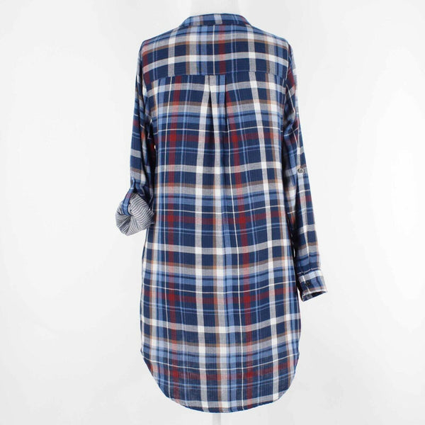 Alya Sz S Navy Blue Multi Plaid Hi Lo Roll Tab Sleeves Cotton Shirt Dress