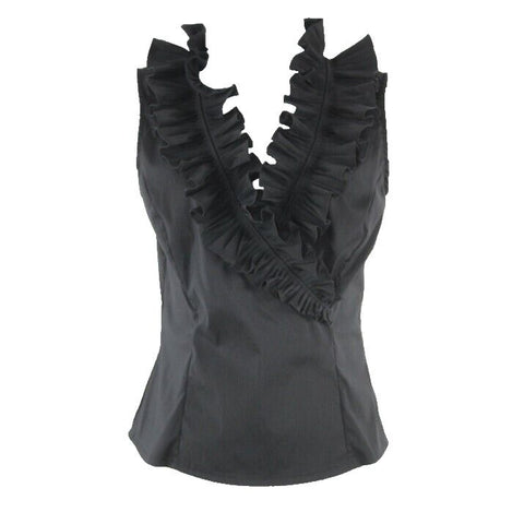 Cartise Sz 8 Black Ruffle Faux Wrap Fitted Nylon Polyester Spandex Top
