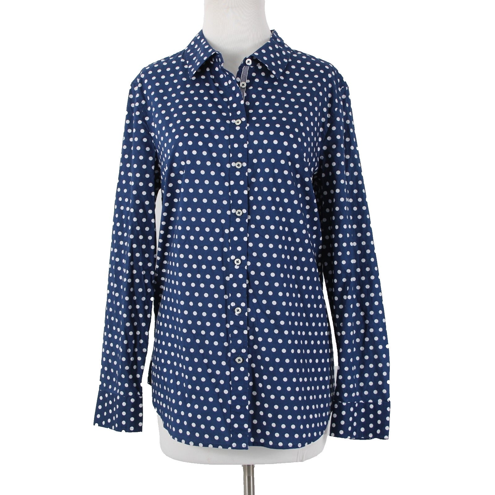 Talbots NEW $70 Sz L Navy Blue White Polka Dots Button Collared 100% Cotton Top