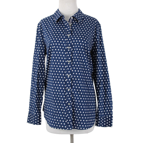 Talbots NEW $70 Sz L Navy Blue White Polka Dots Button Collared 100% Cotton Top