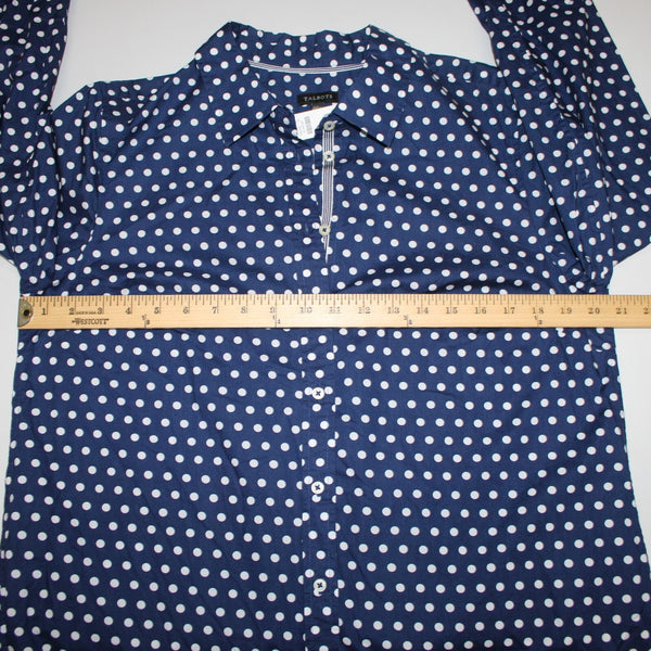 Talbots NEW $70 Sz L Navy Blue White Polka Dots Button Collared 100% Cotton Top