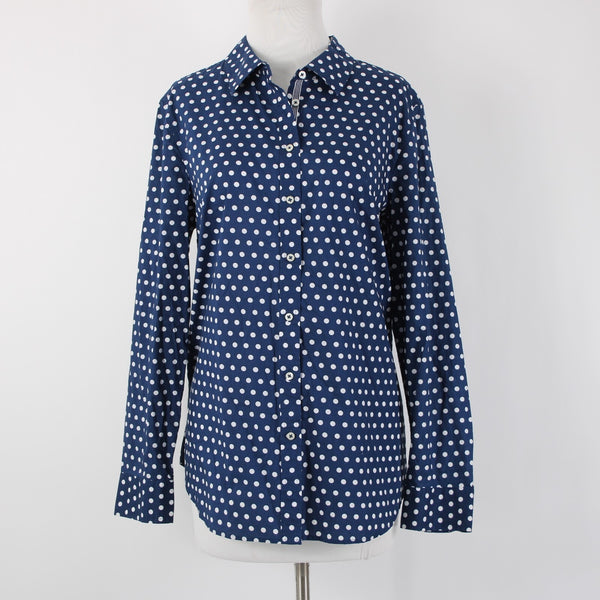 Talbots NEW $70 Sz L Navy Blue White Polka Dots Button Collared 100% Cotton Top