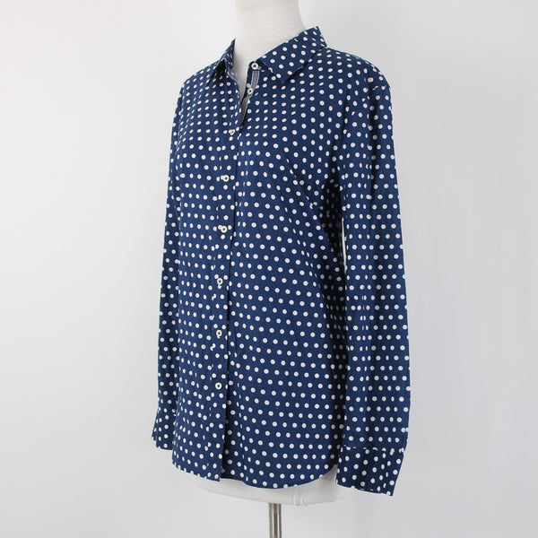 Talbots NEW $70 Sz L Navy Blue White Polka Dots Button Collared 100% Cotton Top