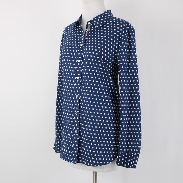 Talbots NEW $70 Sz L Navy Blue White Polka Dots Button Collared 100% Cotton Top