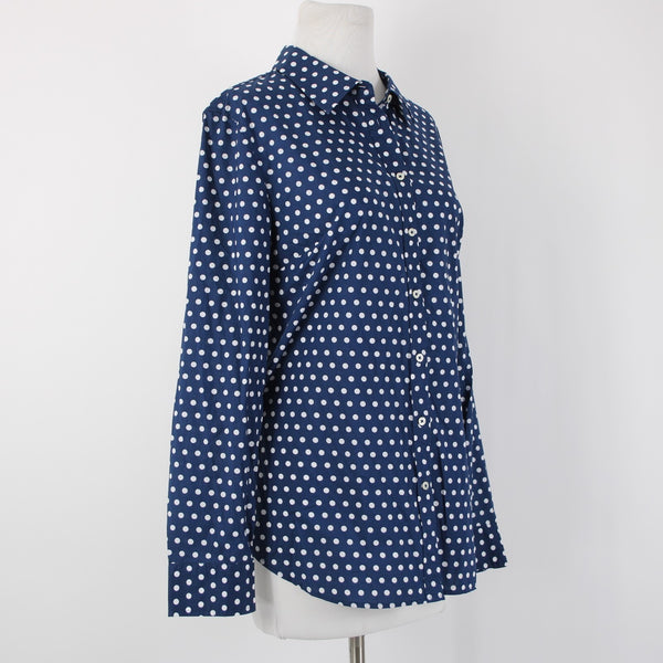 Talbots NEW $70 Sz L Navy Blue White Polka Dots Button Collared 100% Cotton Top