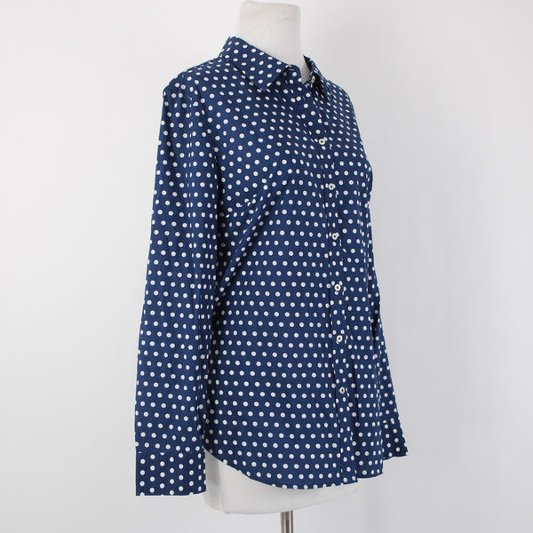 Talbots NEW $70 Sz L Navy Blue White Polka Dots Button Collared 100% Cotton Top
