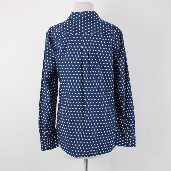 Talbots NEW $70 Sz L Navy Blue White Polka Dots Button Collared 100% Cotton Top