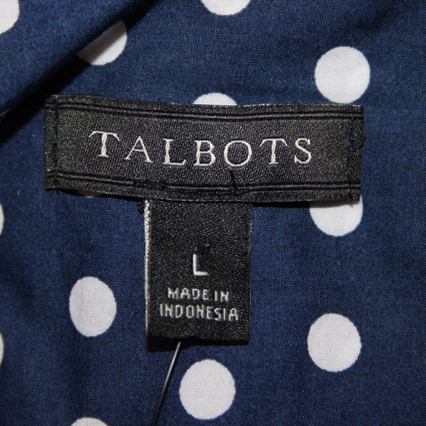 Talbots NEW $70 Sz L Navy Blue White Polka Dots Button Collared 100% Cotton Top