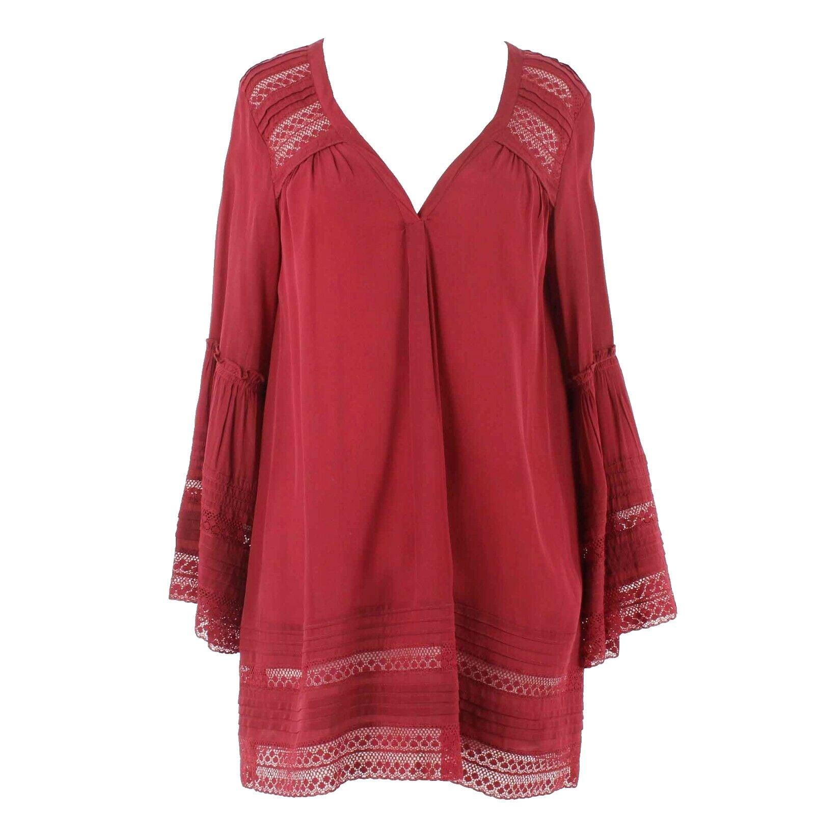 Calypso Sz XS Burgundy Red Aysmm V Neck Bell Sleeve Lace 100% Viscose Top