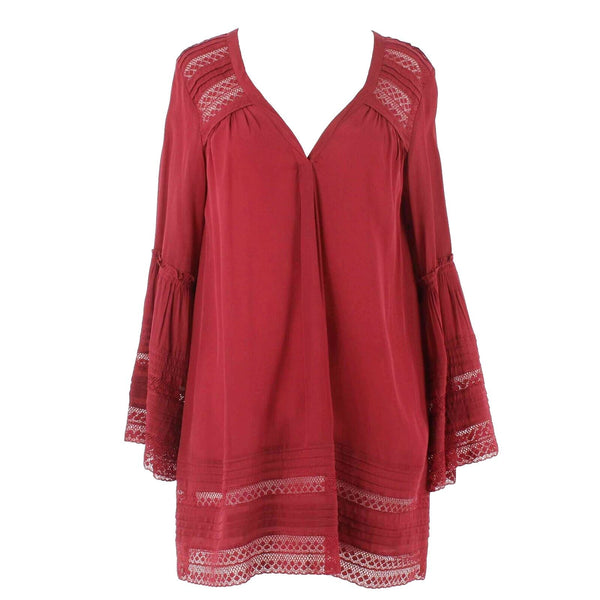 Calypso Sz XS Burgundy Red Aysmm V Neck Bell Sleeve Lace 100% Viscose Top
