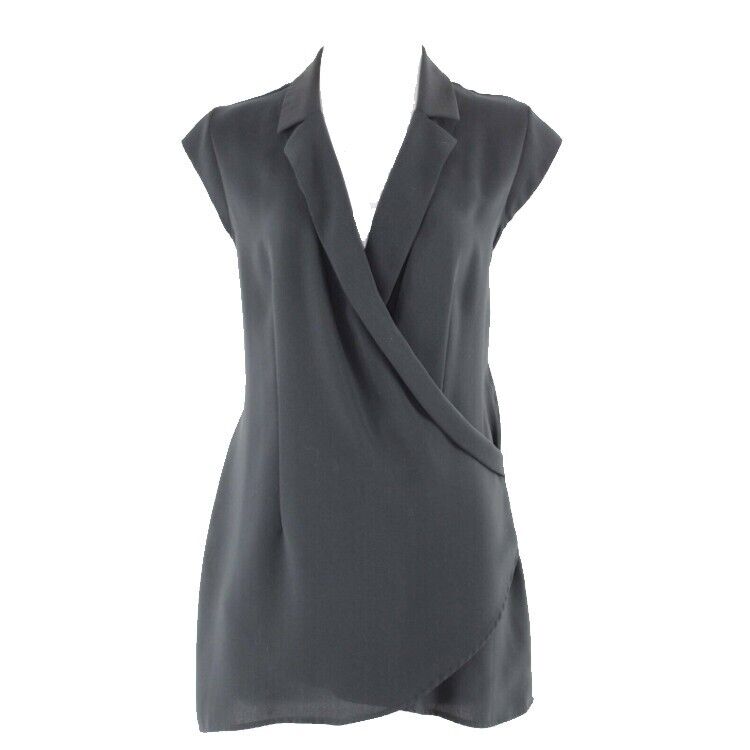 CAbi Sz S Black Deep V Collared Faux Wrap 100% Polyester Top