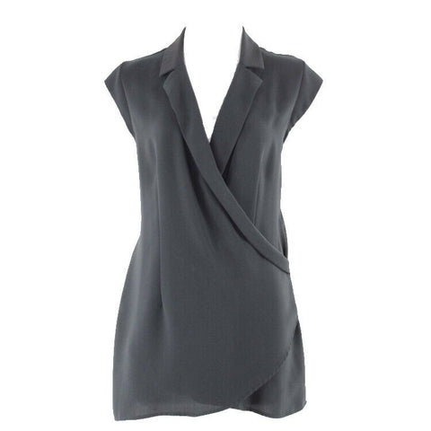 CAbi Sz S Black Deep V Collared Faux Wrap 100% Polyester Top