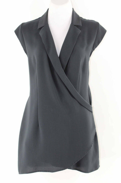CAbi Sz S Black Deep V Collared Faux Wrap 100% Polyester Top