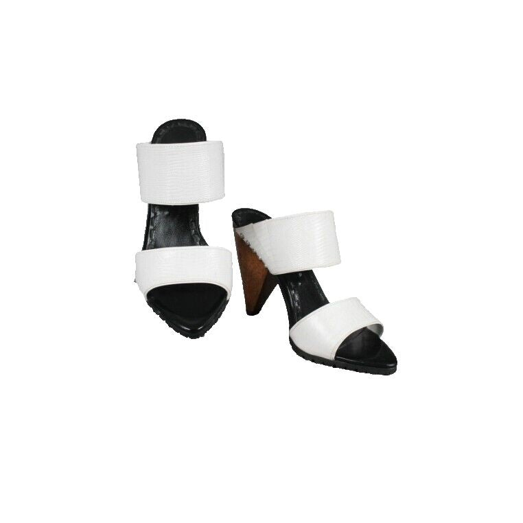 Alice + Olivia Sz 37 White Black Wood Heel Textured Open Toe 4" Heels