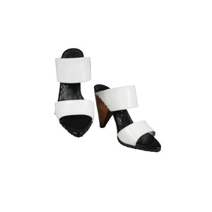 Alice + Olivia Sz 37 White Black Wood Heel Textured Open Toe 4" Heels
